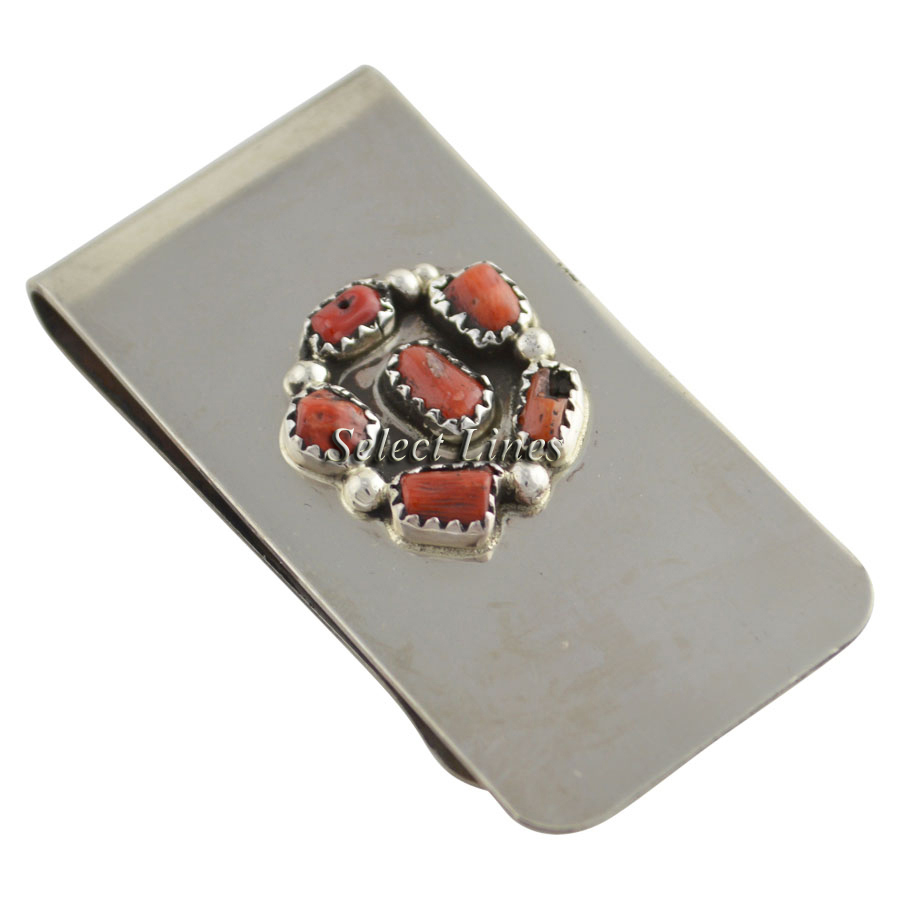 Navajo Sterling Silver Coral Money Clip Clips NEW   