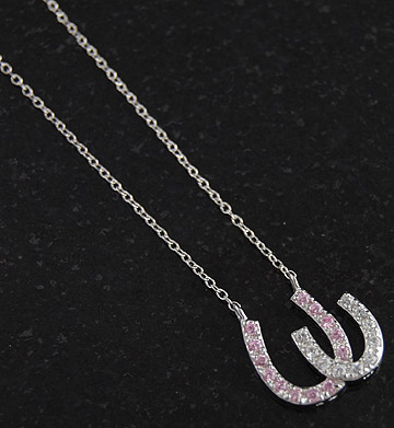Double Horse Shoe Pink & White CZ Silver Necklace  