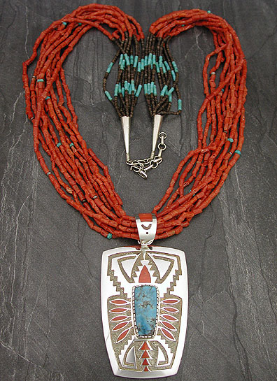 Zuni Michael Perry Silver Turquoise & Coral Necklace   