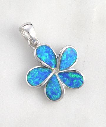Sterling Silver Blue Opal Inlay Flower Necklace Pendant  